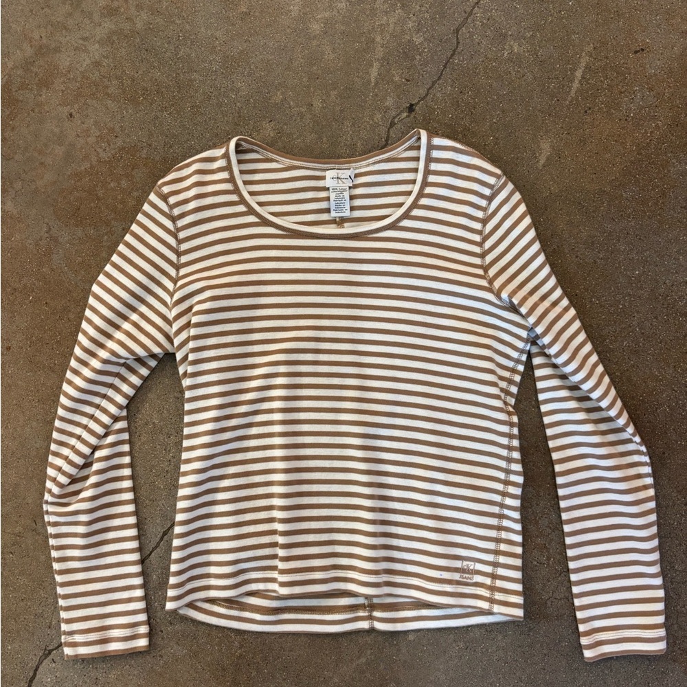 Calvin Klein Jeans Brown and White Striped Long Sleeve Tee